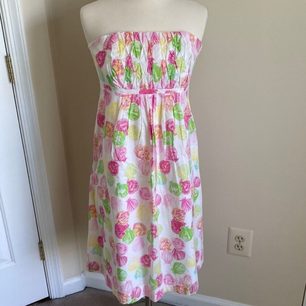Vintage Lilly Pulitzer Pink Green Shell Strapless Dress Size 8